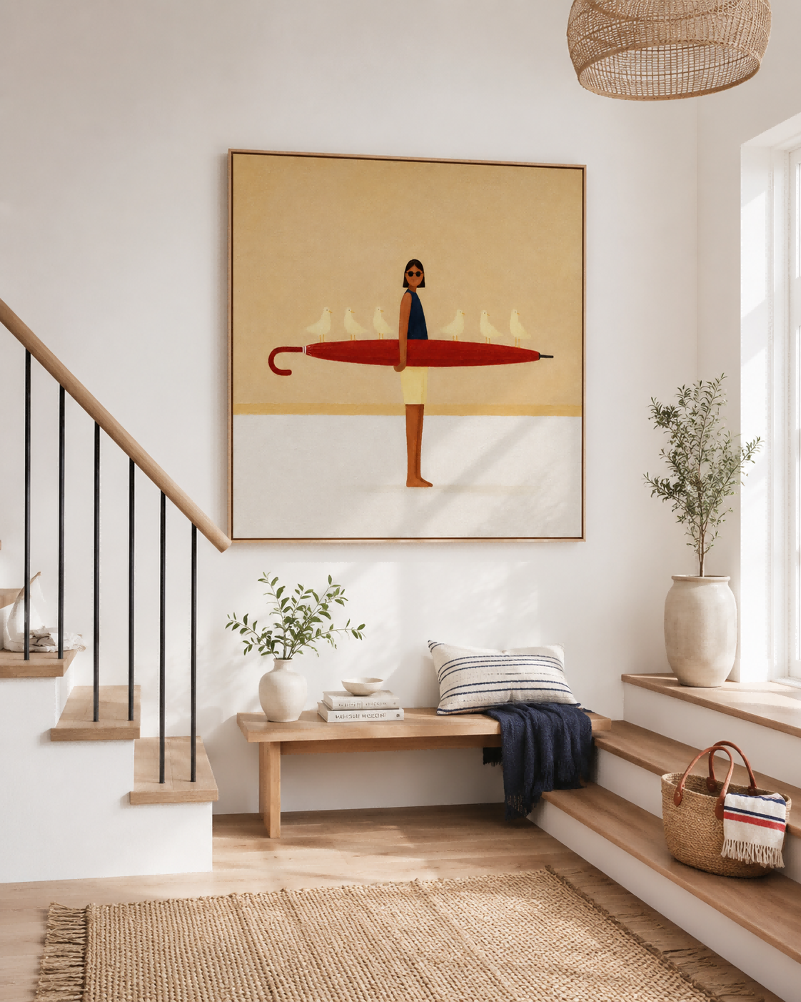 Woman With Red Umbrella And Birds Hand-Painted Canvas Art Abstract Figurative Painting With Playful Modern Aesthetic