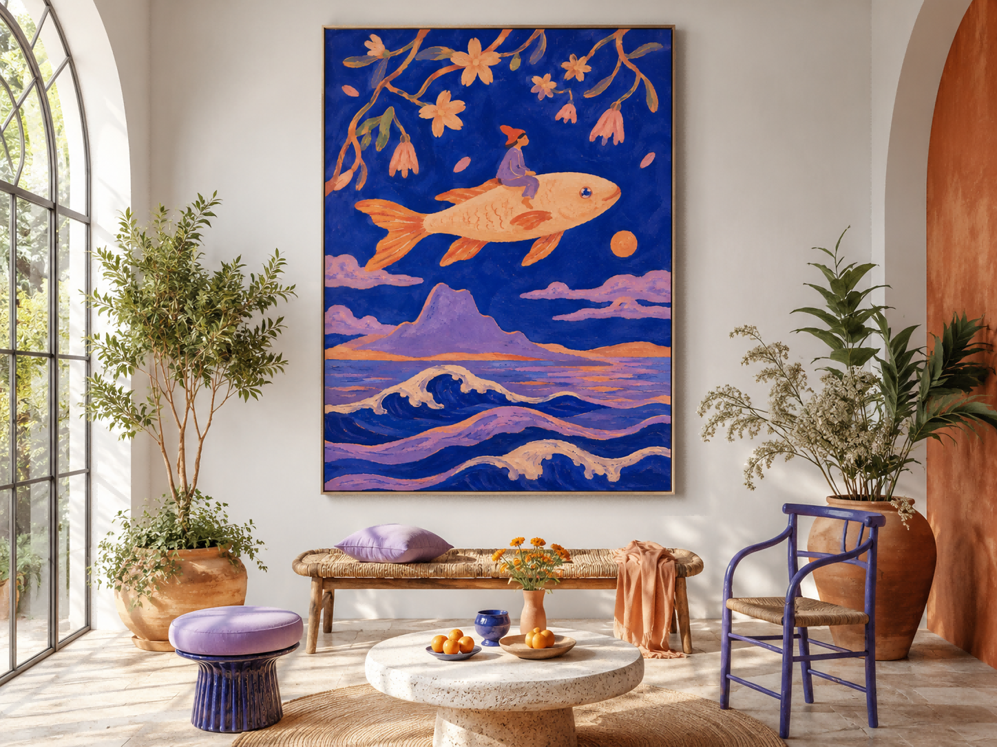 Art Deco Style Canvas Painting With Surreal Ocean Theme