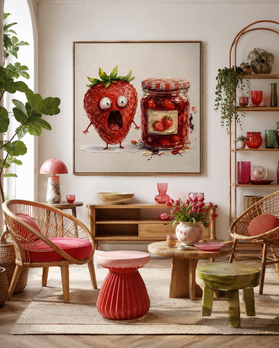 Funny Anthropomorphic Strawberry Art Original Canvas Print With Jam Jar Theme