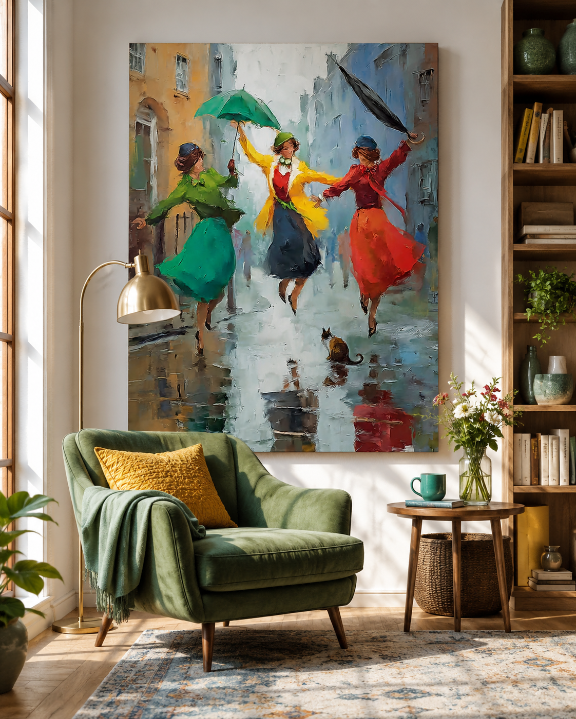 Retro Urban Street Scene Oil Painting With Colorful Umbrellas And Reflections For Chic Apartment Interior Design