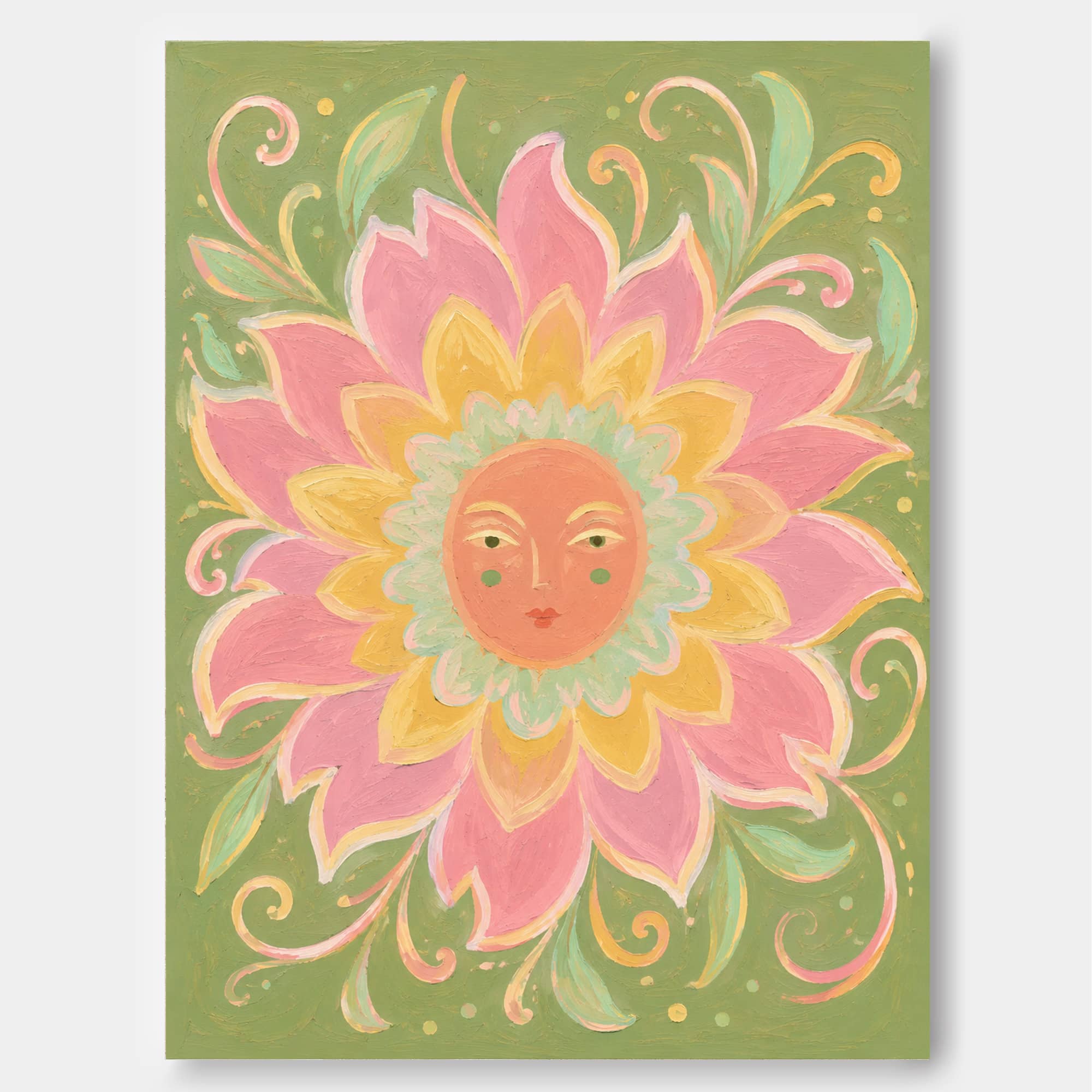 Art Deco Inspired Fantasy Flower Painting With Serene Sun Face Design