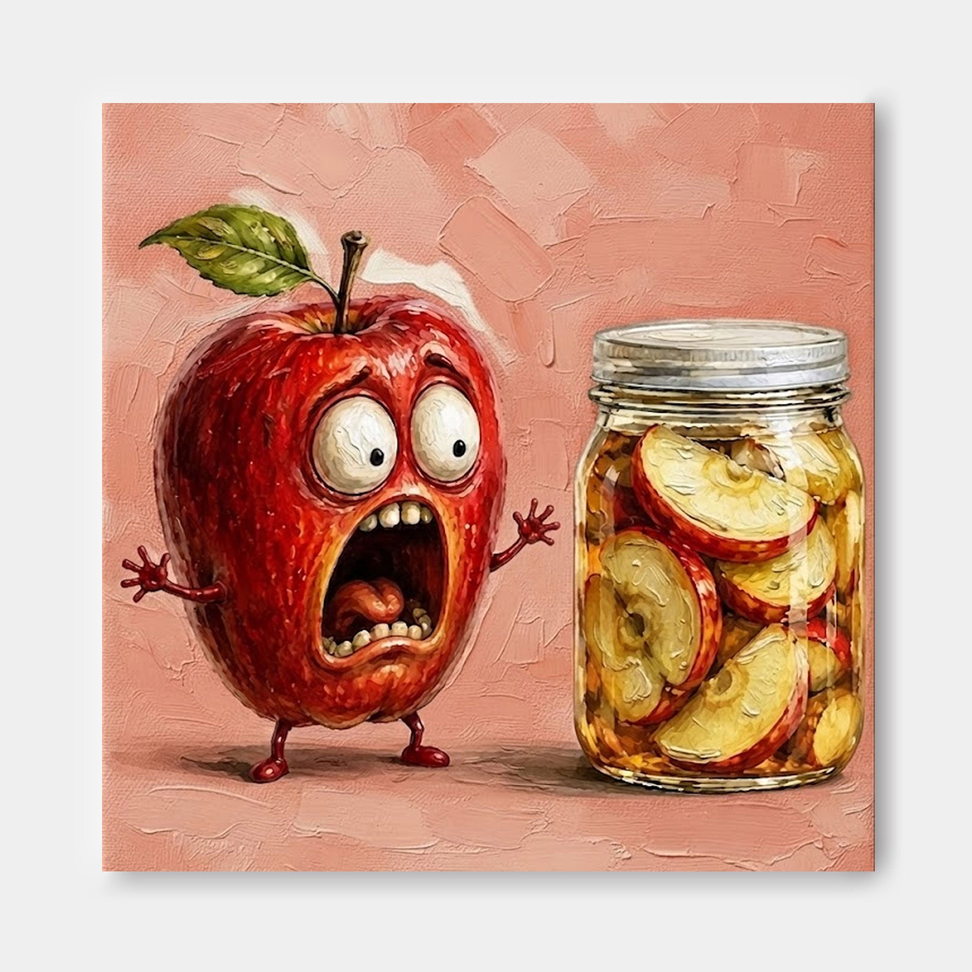 Surreal Anthropomorphic Apple Artwork With Preserved Fruit Jar For Playful Rooms