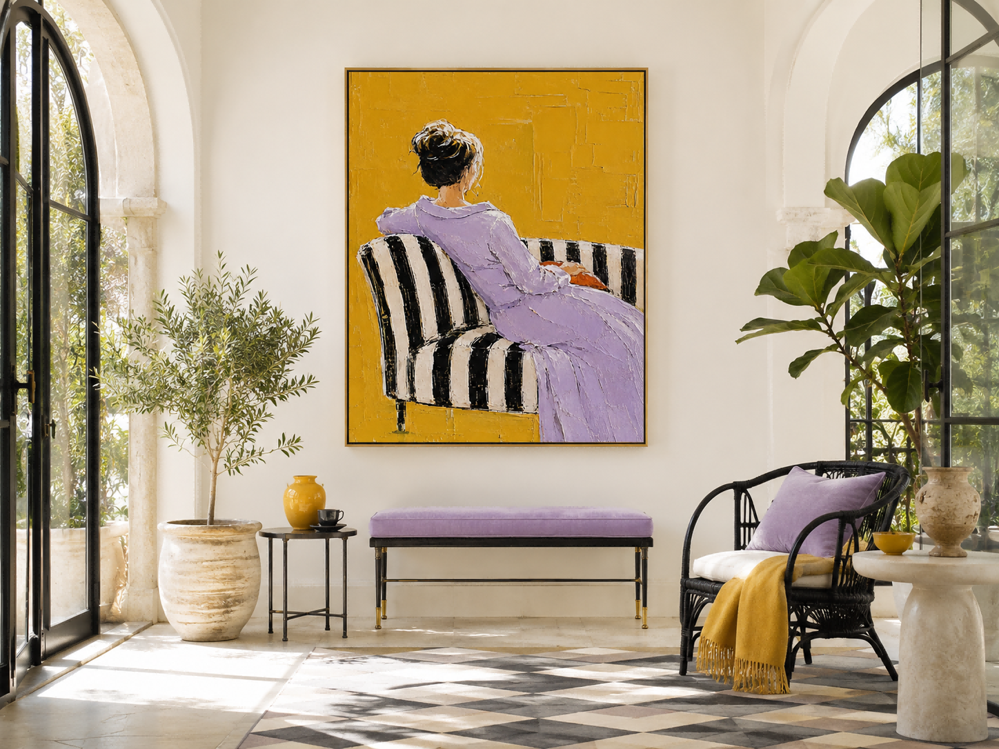 Handmade Impasto Oil Painting Of Seated Woman On Striped Sofa With Expressive Brushstrokes For Modern Home
