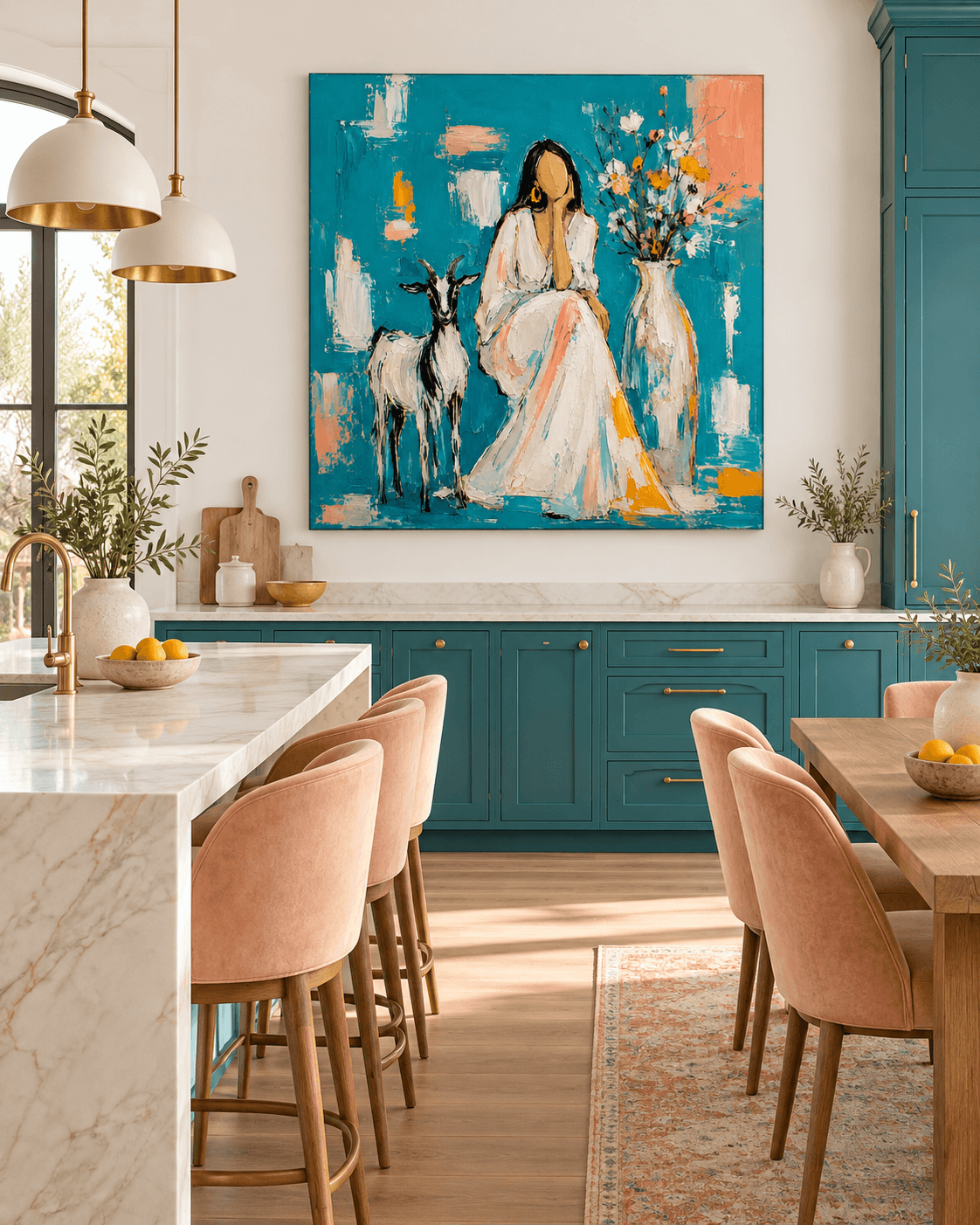 Minimalist Textured Oil Painting With Pastoral Theme And Blue Tone Woman With Goat And Flowers Abstract Canvas Art
