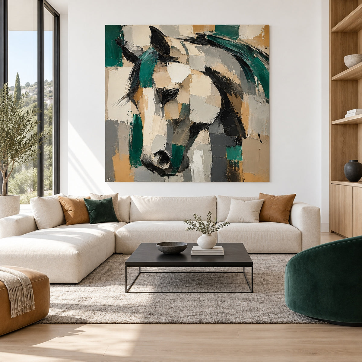 Abstract Geometric Horse Canvas Painting With Emerald Green And Beige Tones