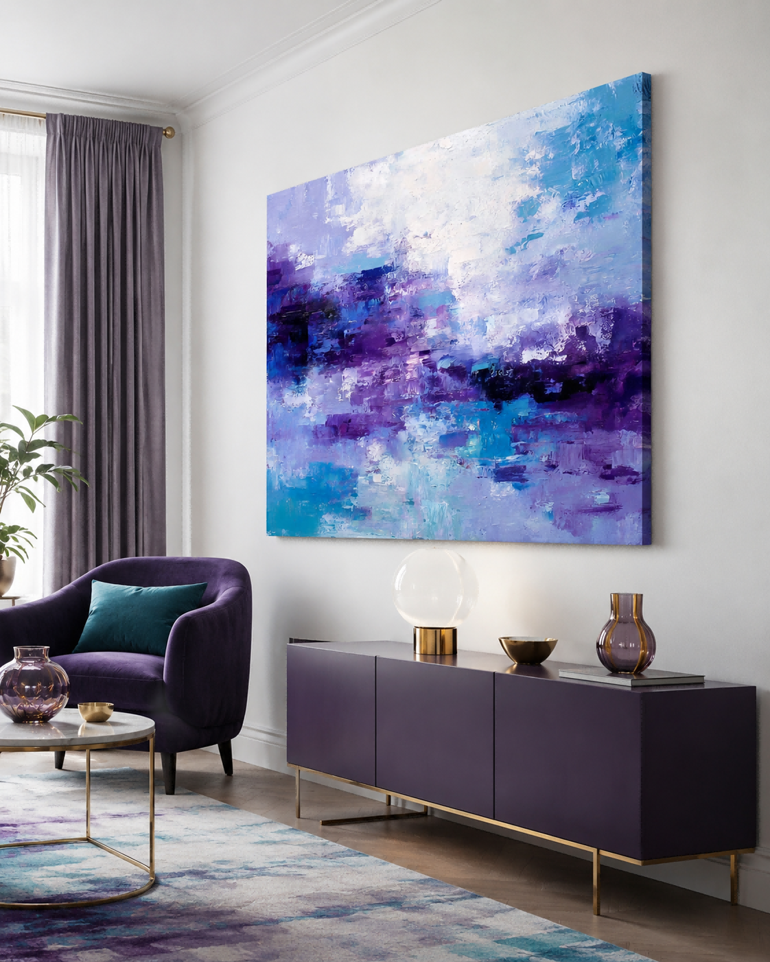 Horizontal Violet And Teal Oil Art For Lounge And Bedroom Calm Atmosphere Design