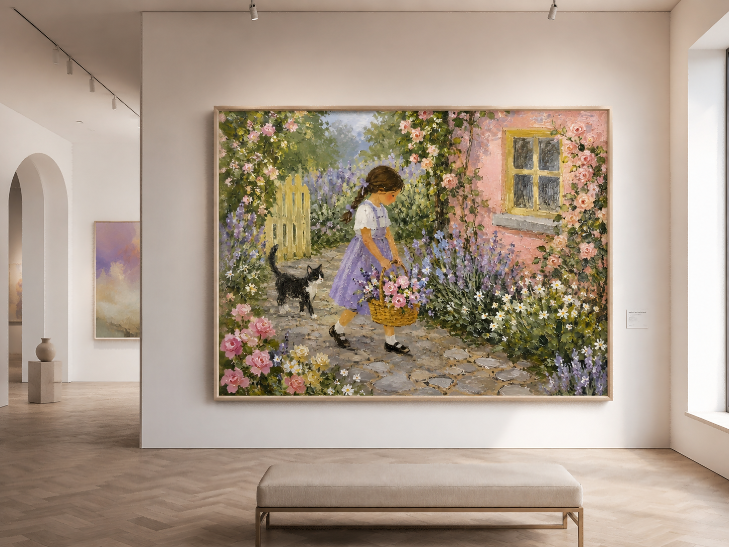 Romantic Impressionist Style Oil Painting Of A Flower Garden Hand-Painted Garden Scene With Girl And Cat Canvas Art