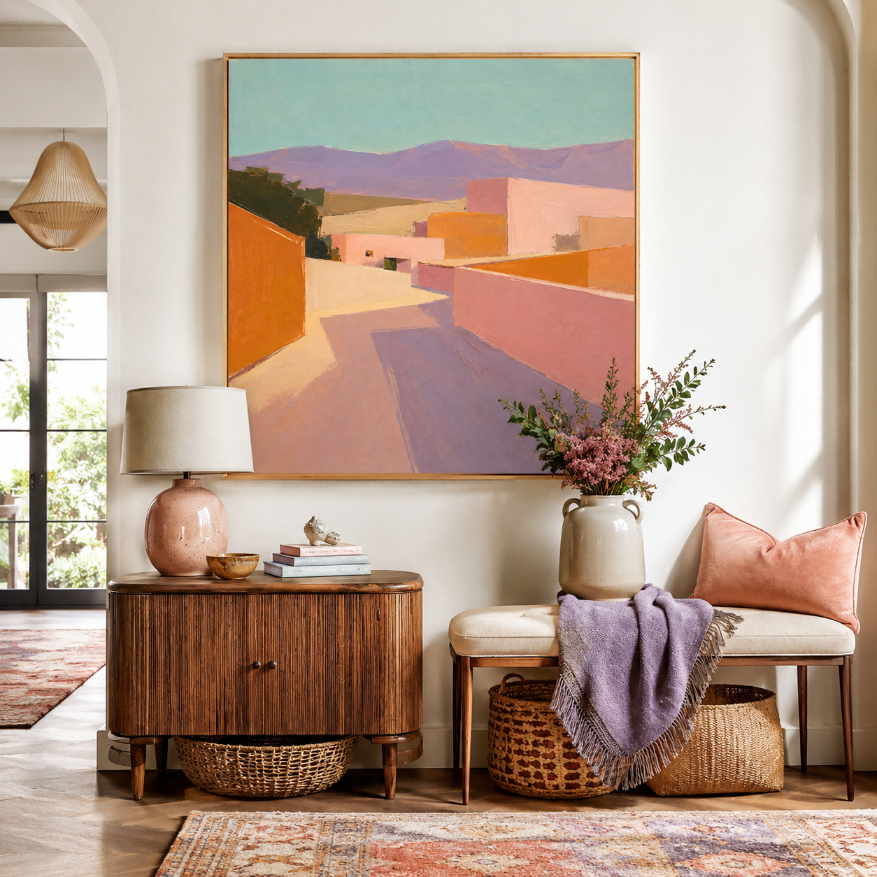 Modern Abstract Town Painting With Warm Tones For Contemporary Home Decor