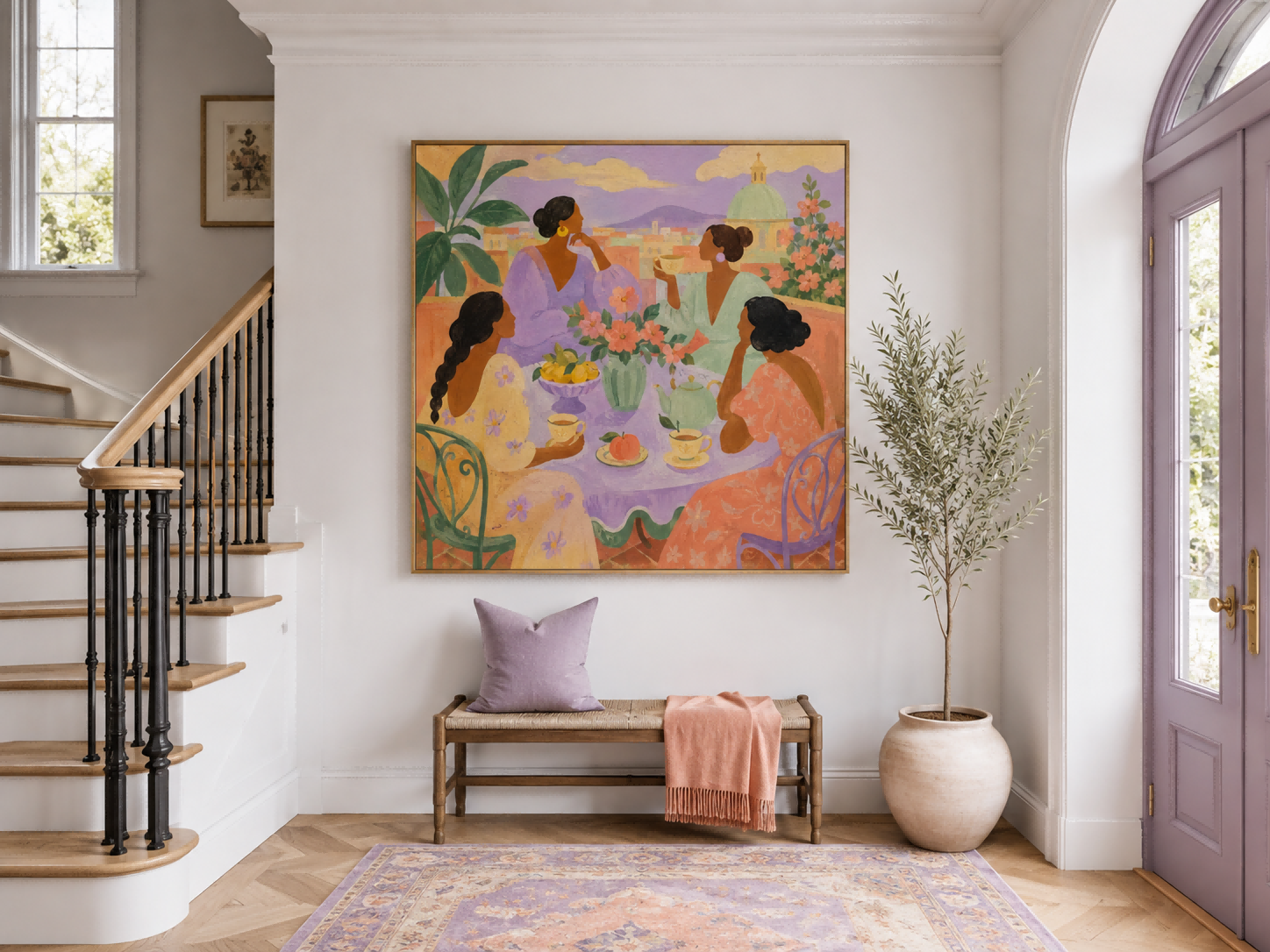 Art Deco Inspired Dreamy Female Gathering Original Canvas Art With Floral Details