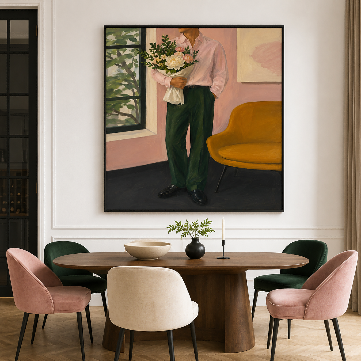Modern Romantic Figurative Art Canvas Print Gentleman With Bouquet In Warm Tones