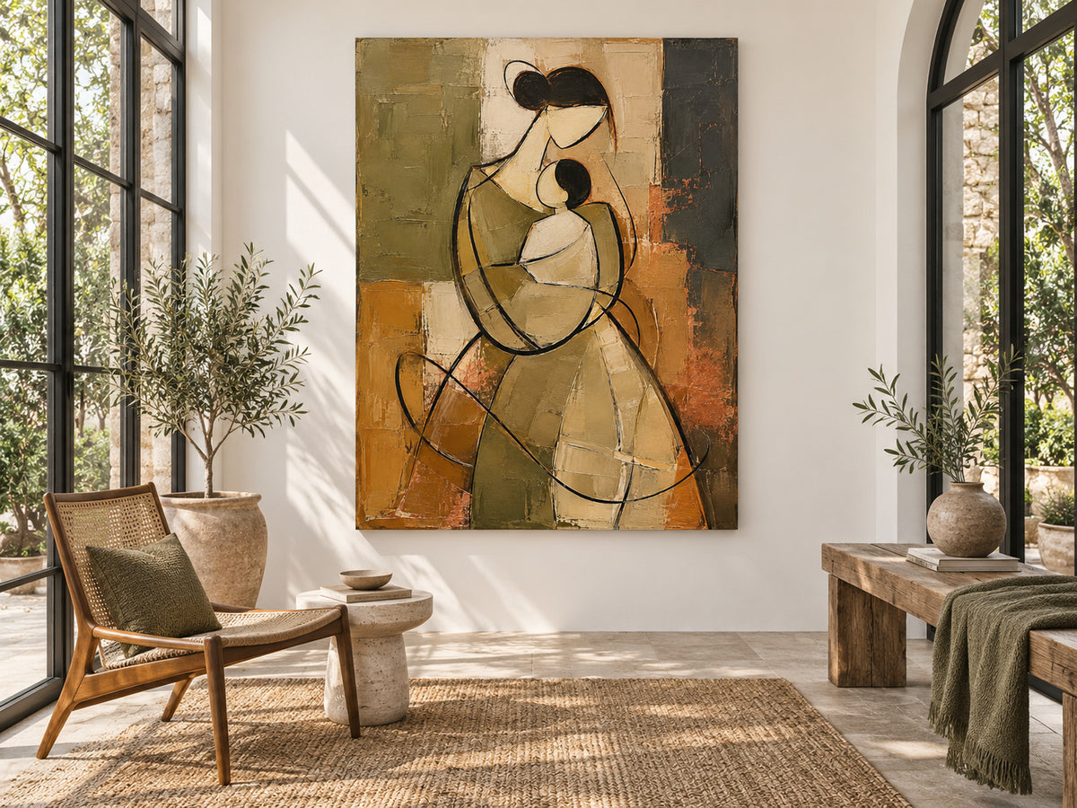 Vintage Style Minimalist Line Art Painting Warm Brown And Green Tones Abstract Mother And Child Canvas Painting