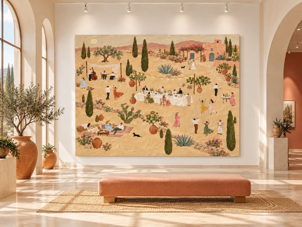 Outdoor Wedding Party Painting With Band And Guests In Tuscan Garden