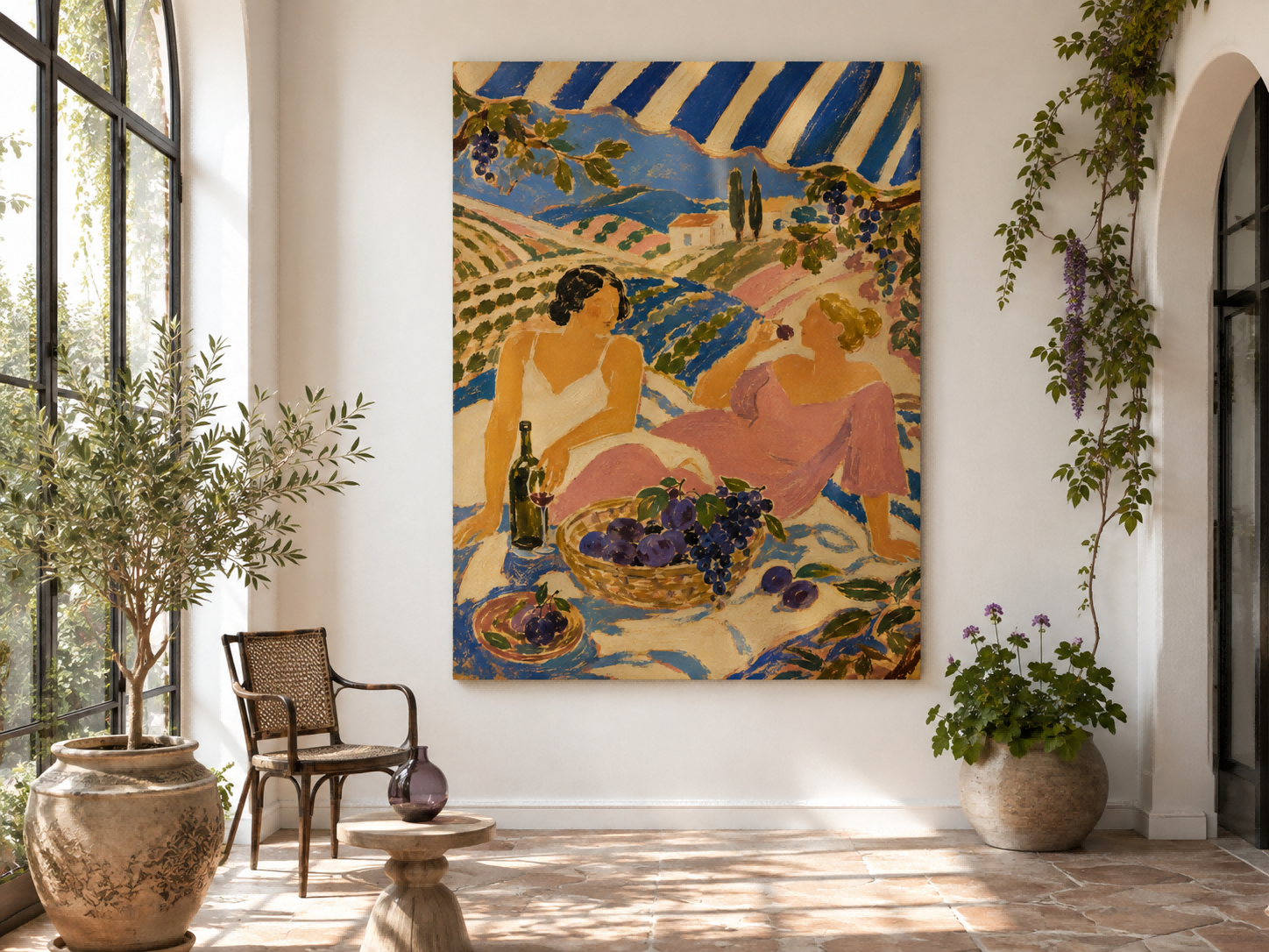 Dreamy Fantasy Art Deco Painting Of Women Relaxing In A Stylized Landscape With Grapes