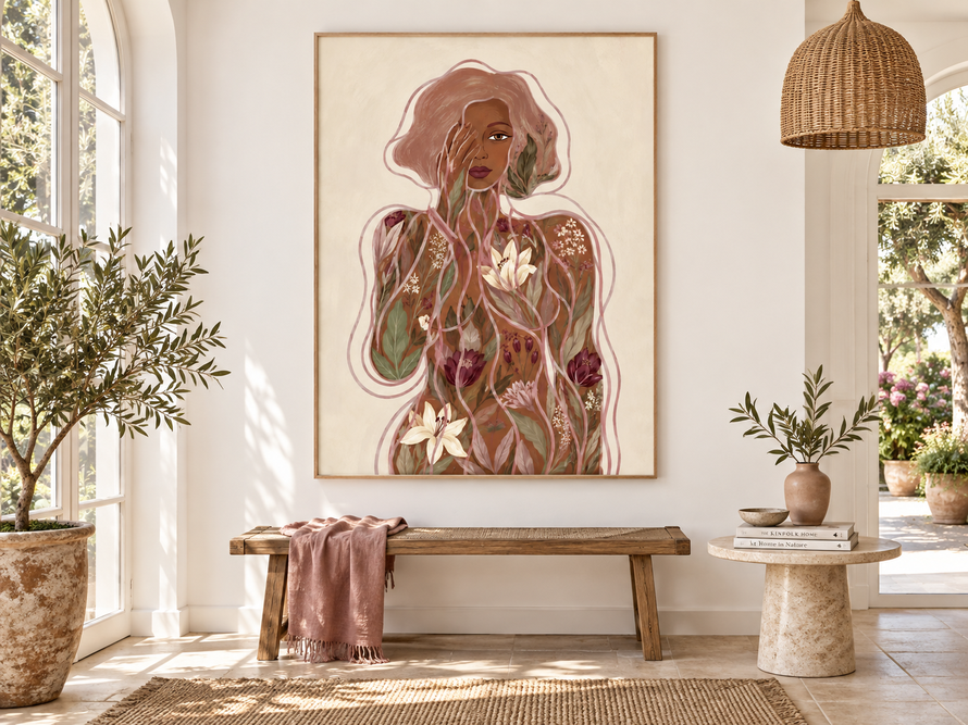 Hand-Painted Abstract Floral Woman Canvas Art In Earth Tones