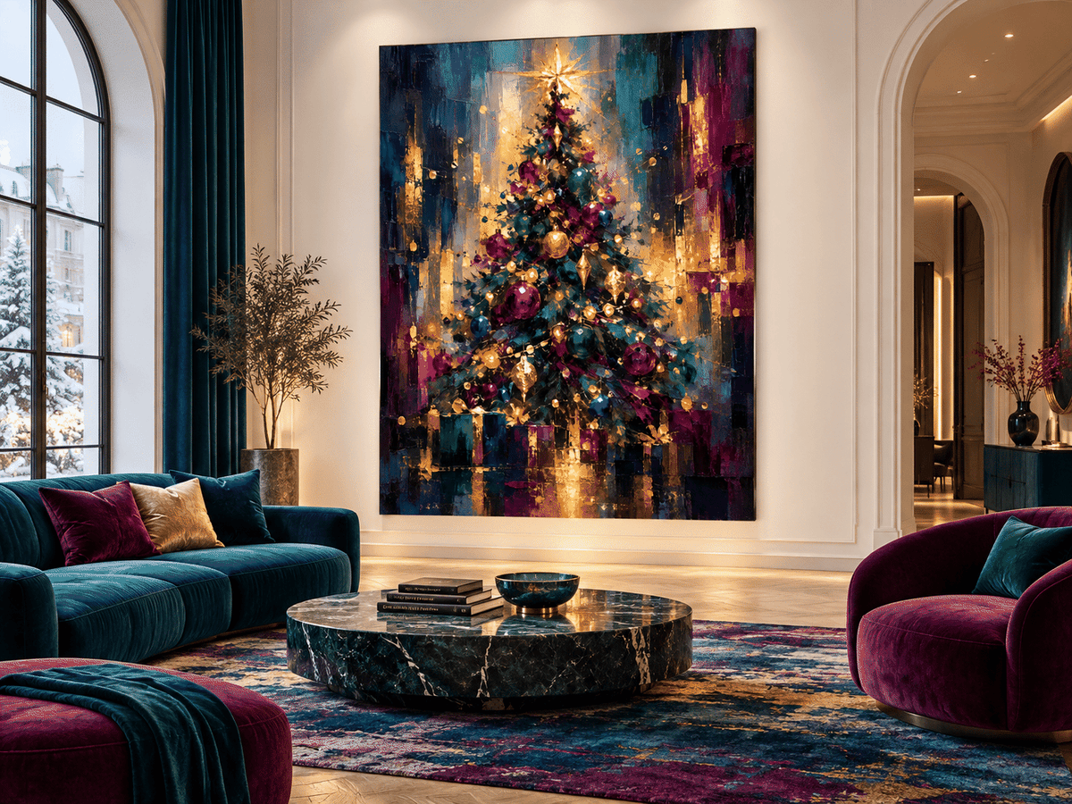 Abstract Christmas Tree Canvas Painting With Gold Star And Ornaments