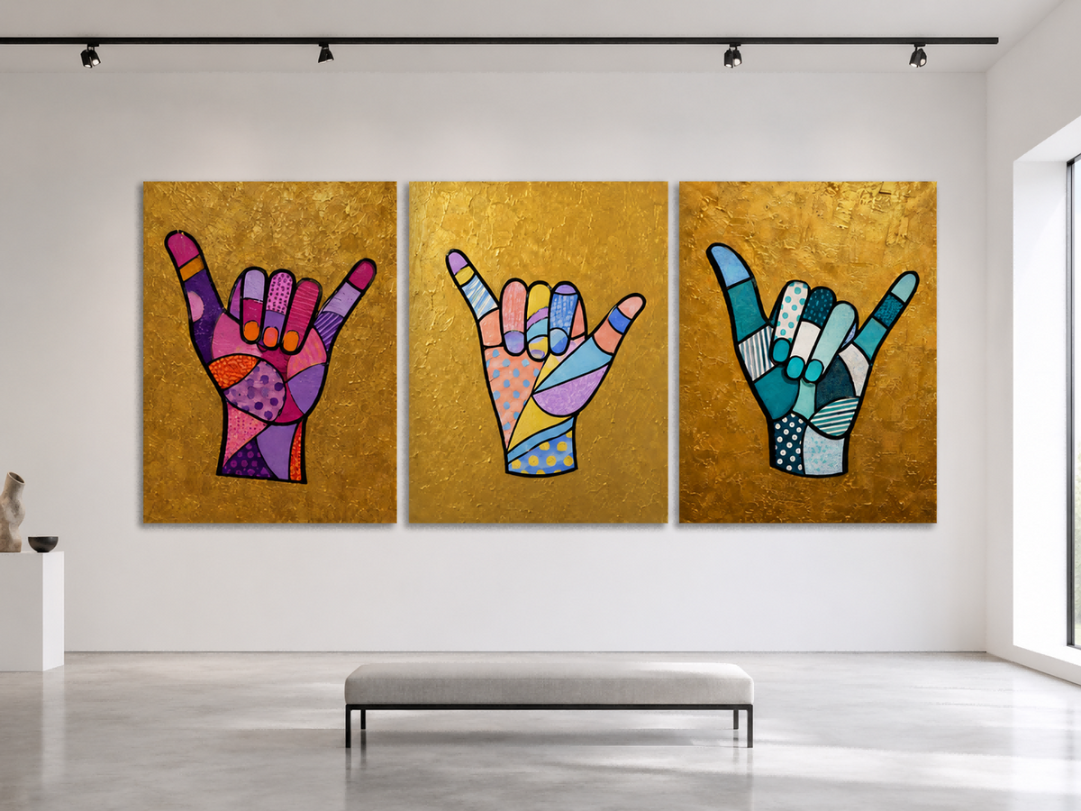 Colorful Geometric Pop Art Triptych With Textured Gold Leaf Finish
