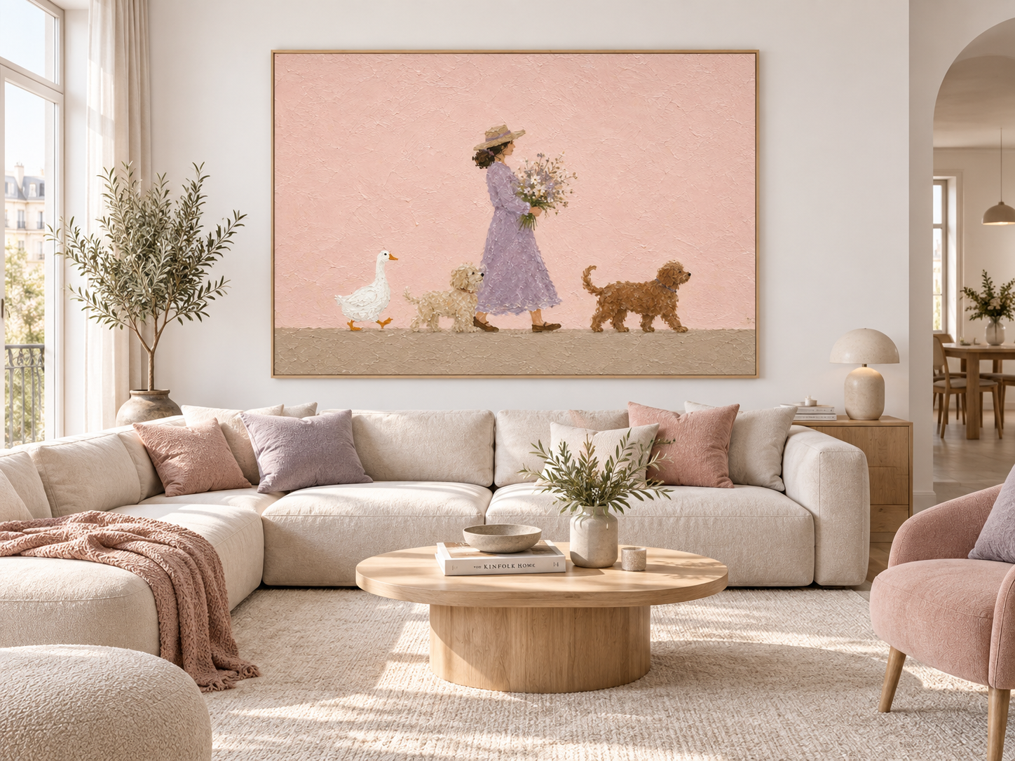 Modern Abstract Pastoral Art With Textured Pink Background And Whimsical Characters