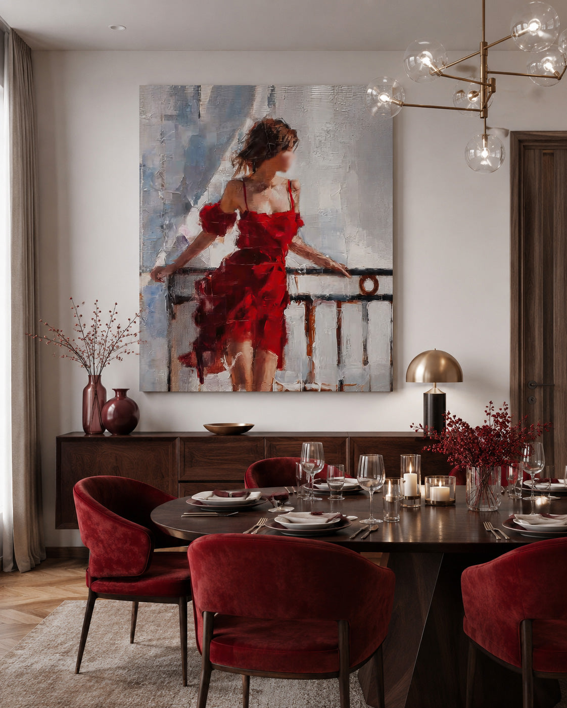 Modern Red Dress Woman Painting Abstract Faceless Figure Art For Living Room Decor
