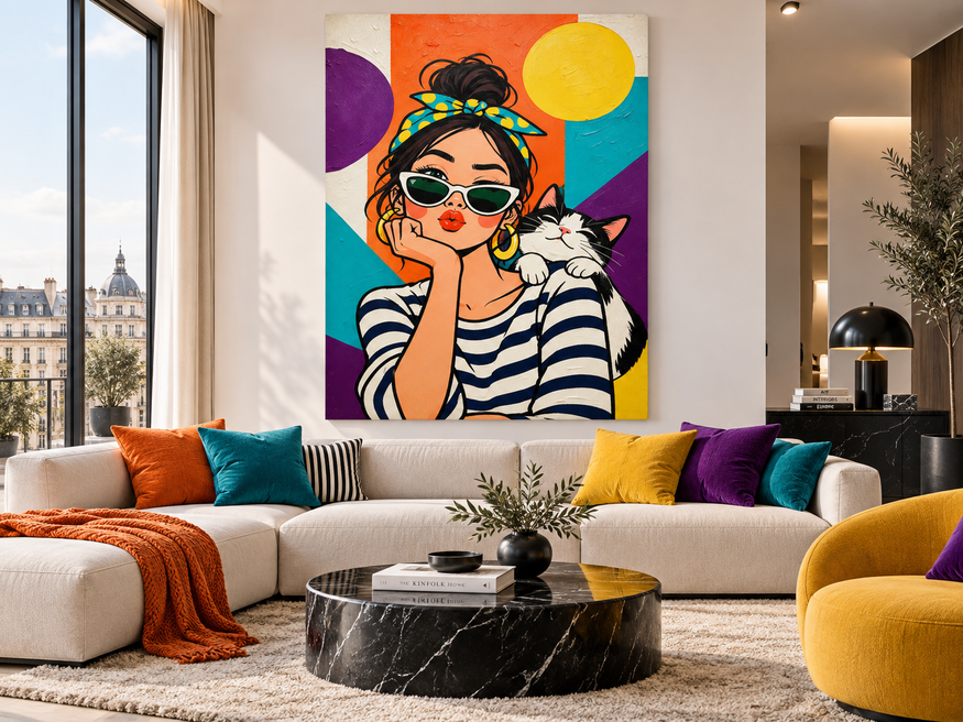 Retro Pop Art Canvas Painting Geometric Bright Colors Original