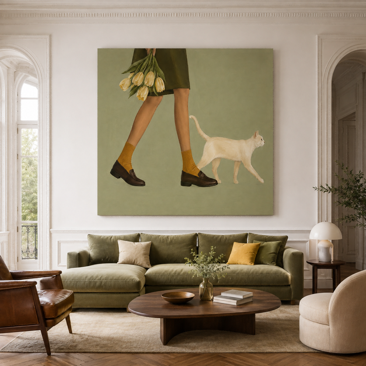 Minimalist Figurative Oil Painting Of Daily Life Moments Woman With Tulips And Cat Hand-Painted Canvas Art