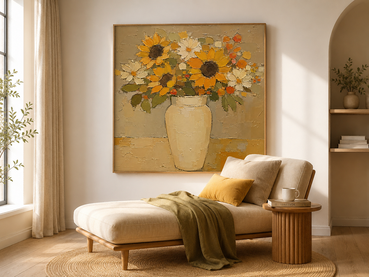 Hand-Painted Sunflower And Daisy Floral Canvas Art In Gold Beige Tones