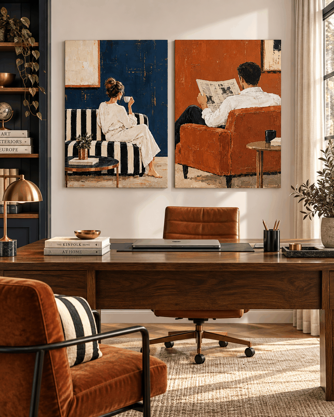 Textured Modern Art Diptych Original Handmade Canvas Painting In Blue And Terracotta Couple Wall Art