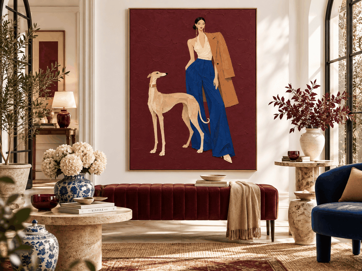 Fashion Woman And Greyhound Dog Canvas Painting In Burgundy Red