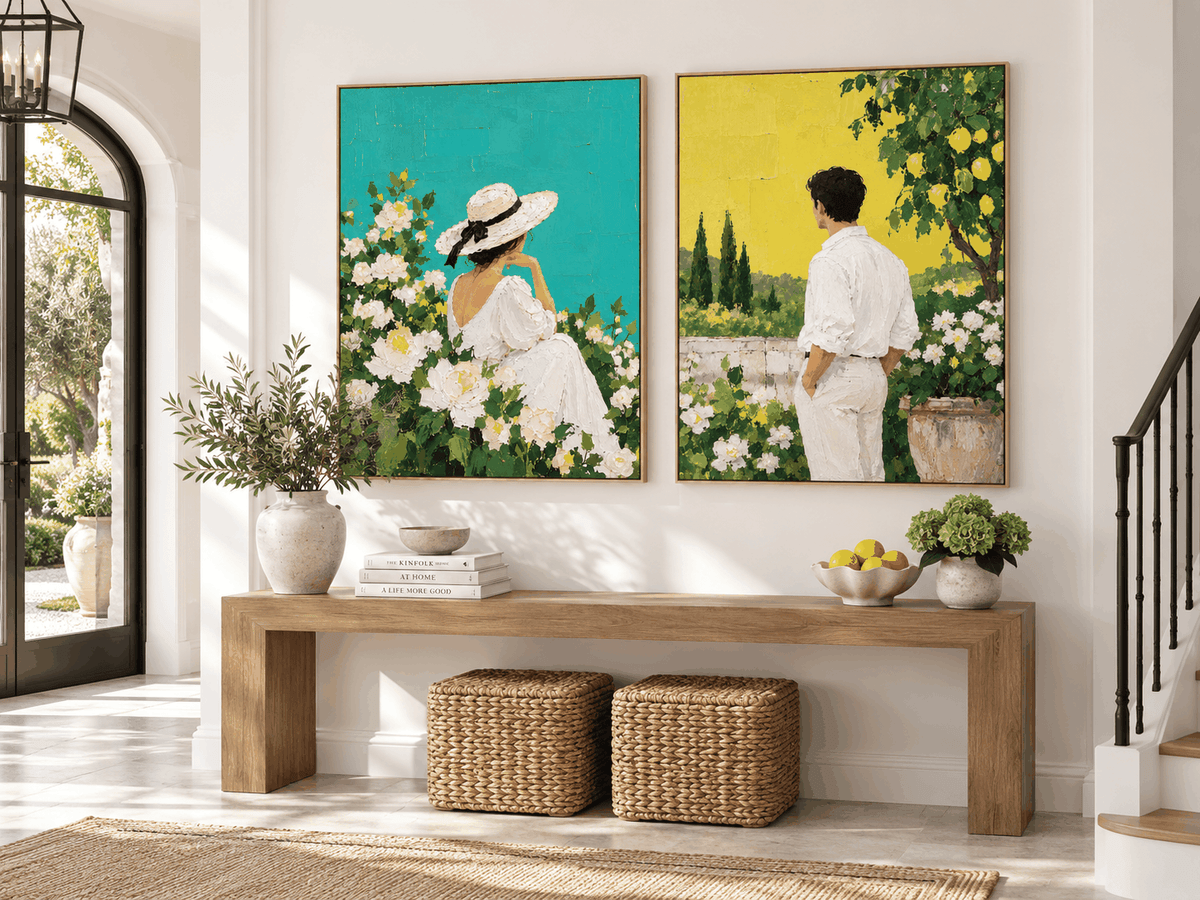 Hand-Painted Couple In Garden Canvas Art With Lemon Trees And Roses