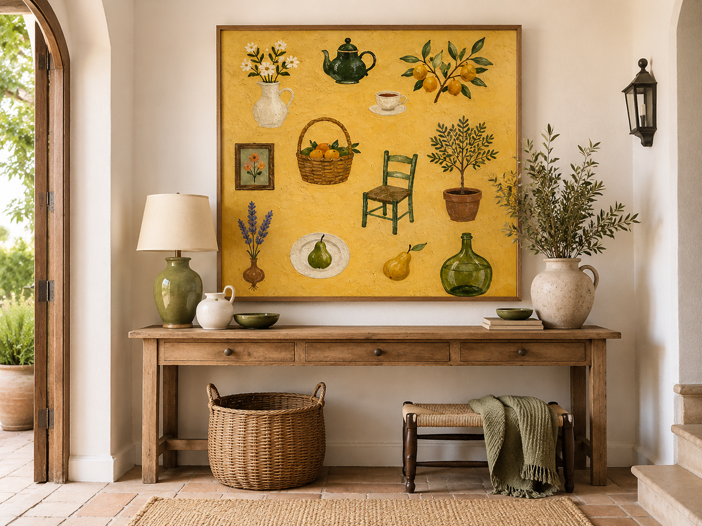 Vintage Pastoral Oil Painting With Lemons And Teapot For Country Kitchen Wall Art Decor