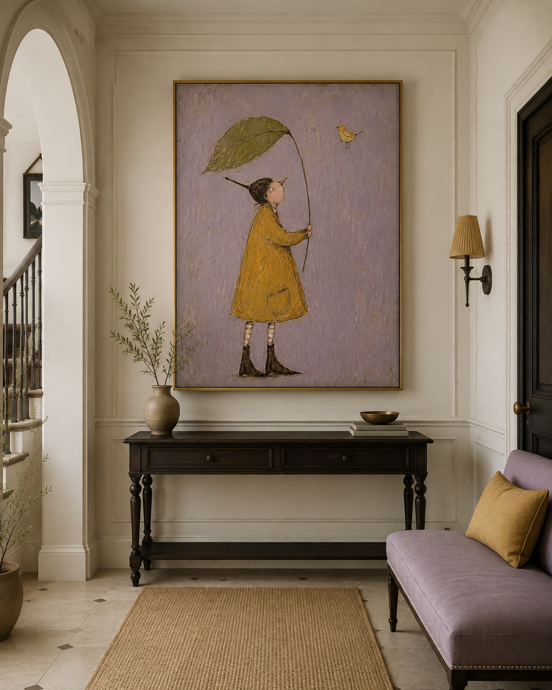 Whimsical Person With Leaf And Bird Vintage Canvas Painting