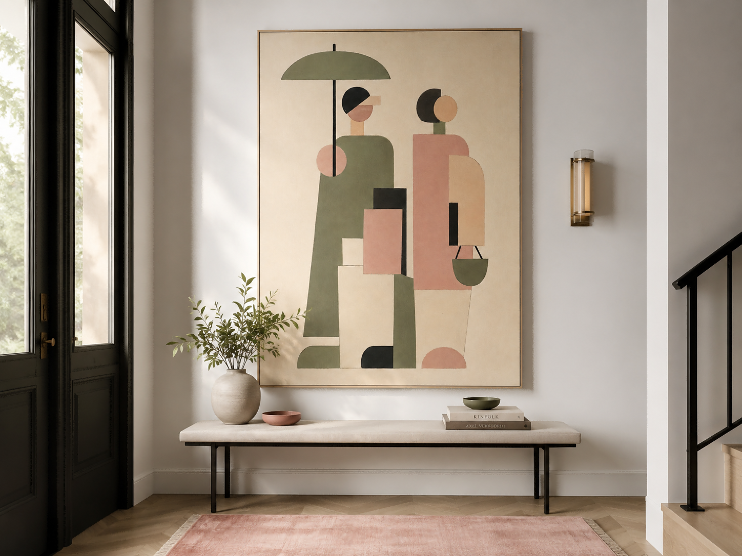 Abstract Geometric People Painting Hand-Painted Canvas Art With Umbrella In Beige Green Pink