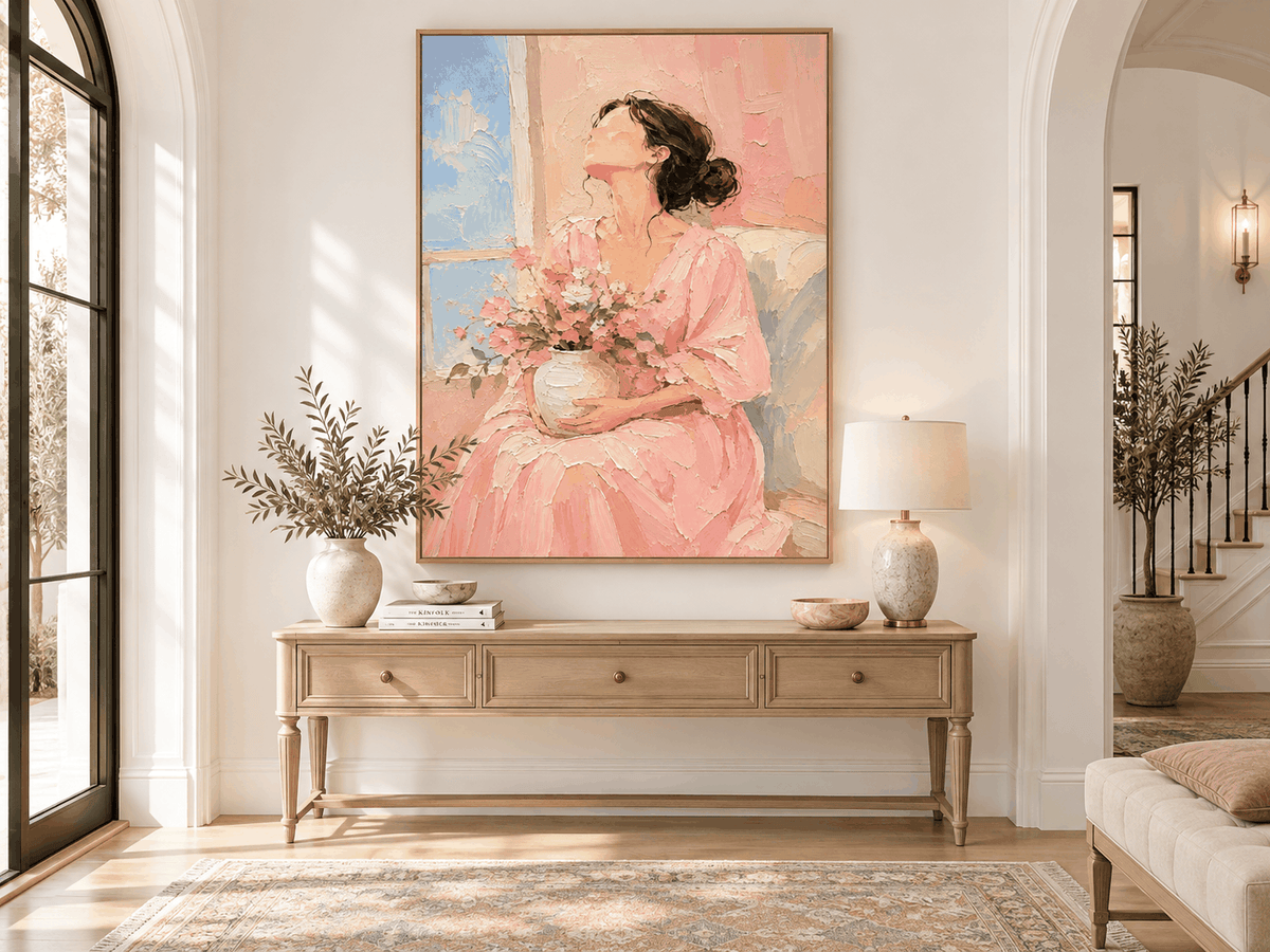 Modern Impressionist Textured Art Abstract Floral Portrait In Warm Pastels
