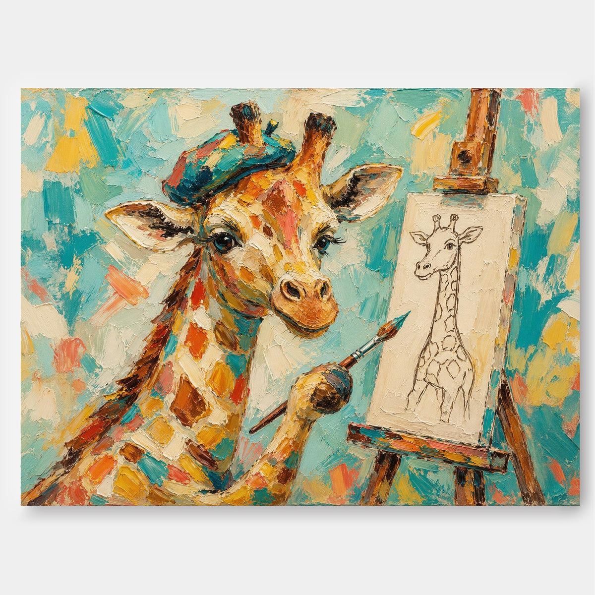 Hand-Painted Giraffe Artist Canvas Painting With Beret And Easel