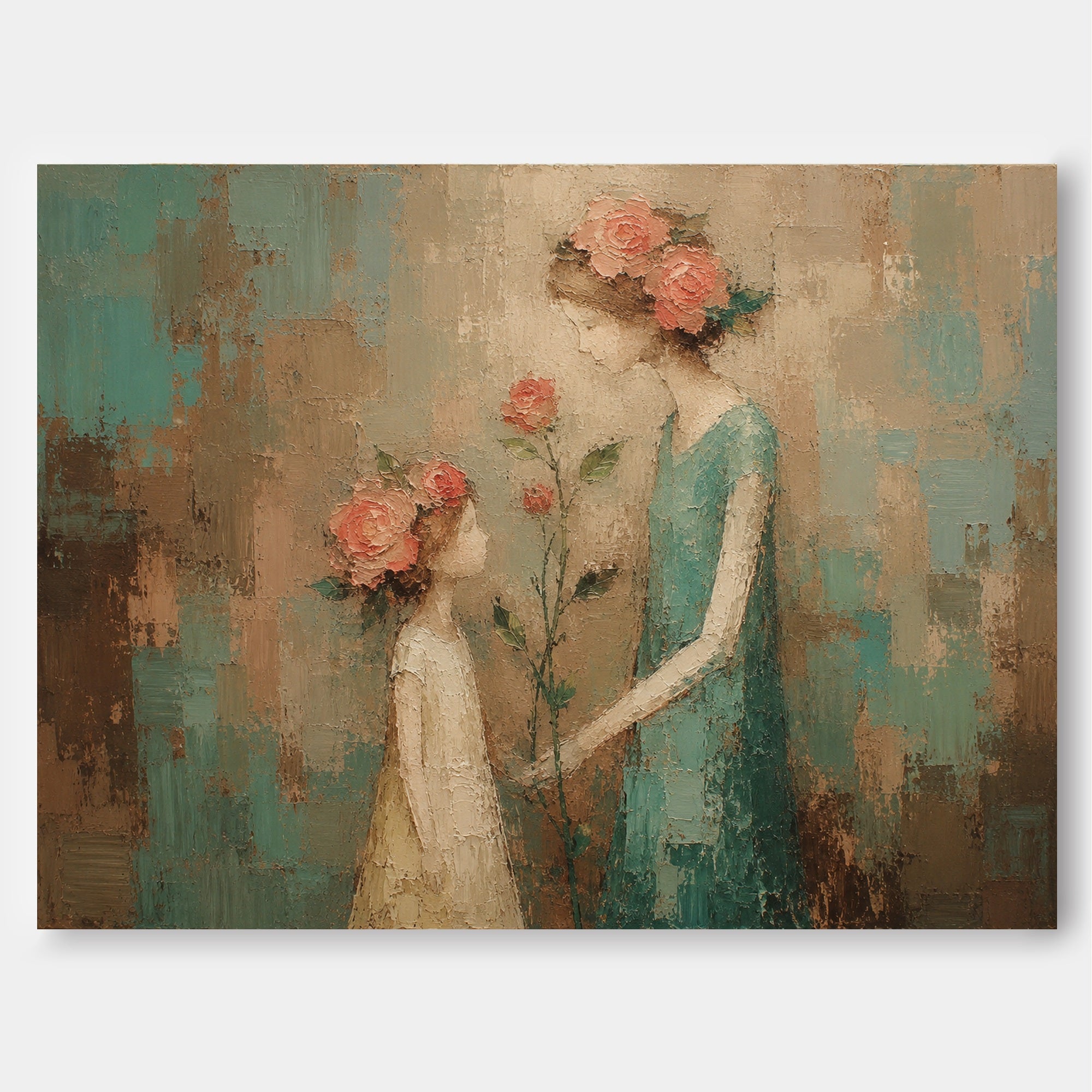 Hand Painted Impasto People Art With Soft Pink Flowers In Retro Style For Bedroom And Lounge Walls