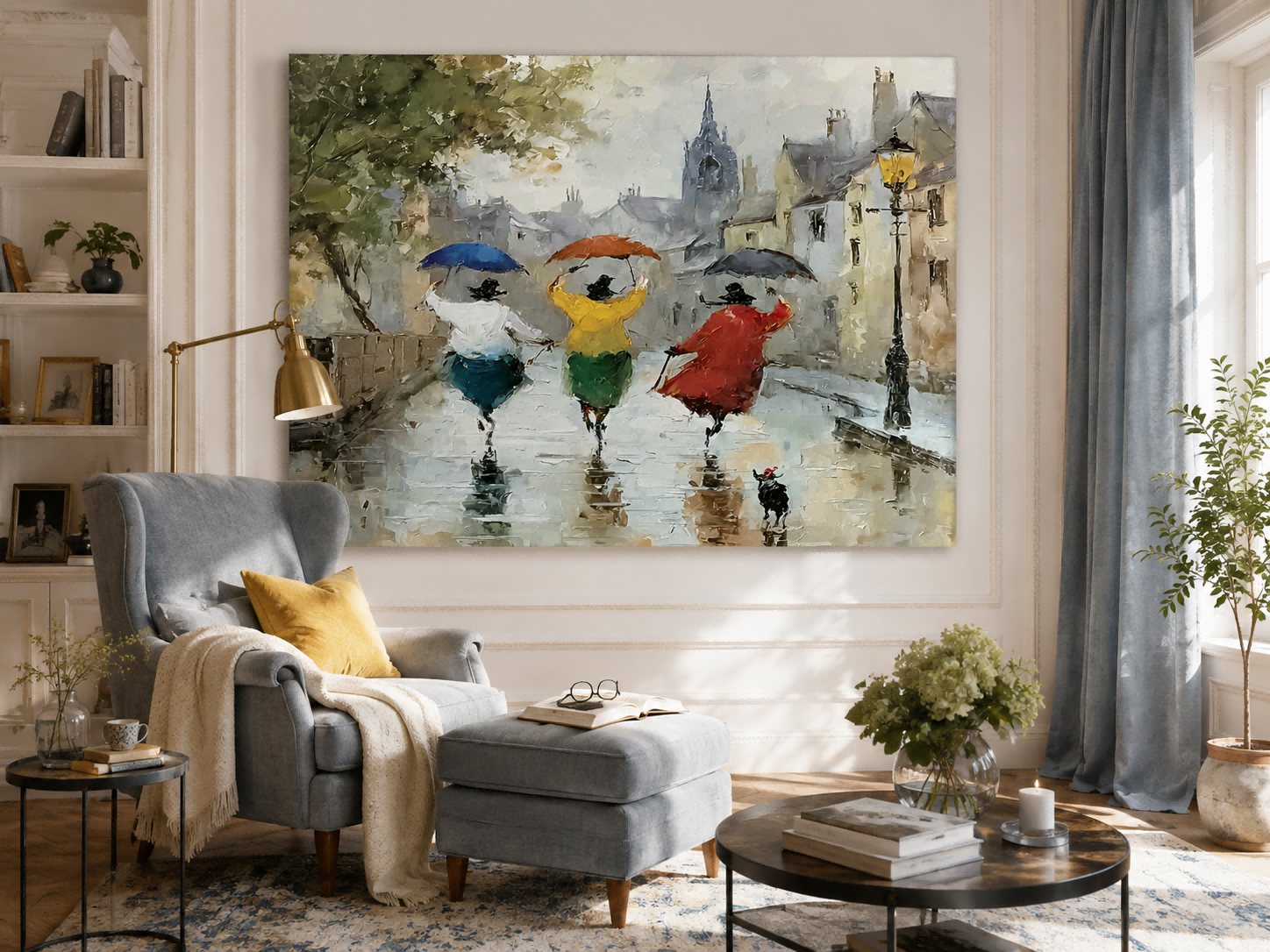 Vintage City Life Canvas Art Featuring Friends Running In Rain With Umbrellas And Lamp Post
