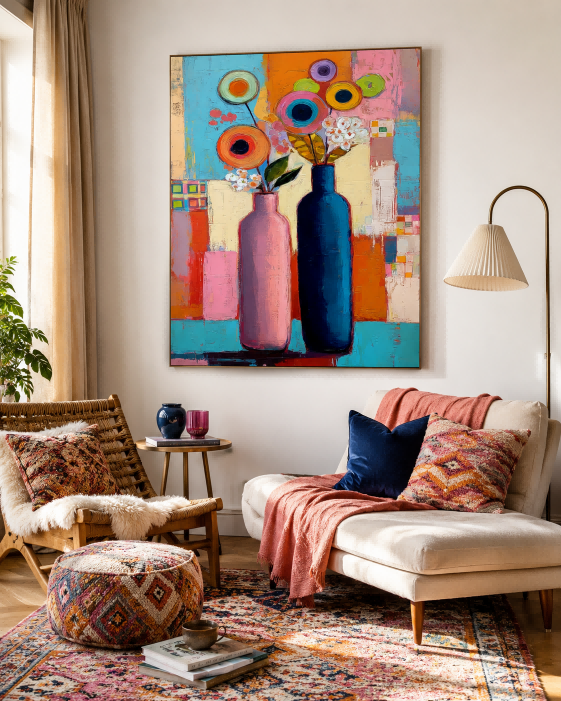 Modern Pop Art Style Floral Canvas With Geometric Shapes And Bold Colors For Contemporary Interiors