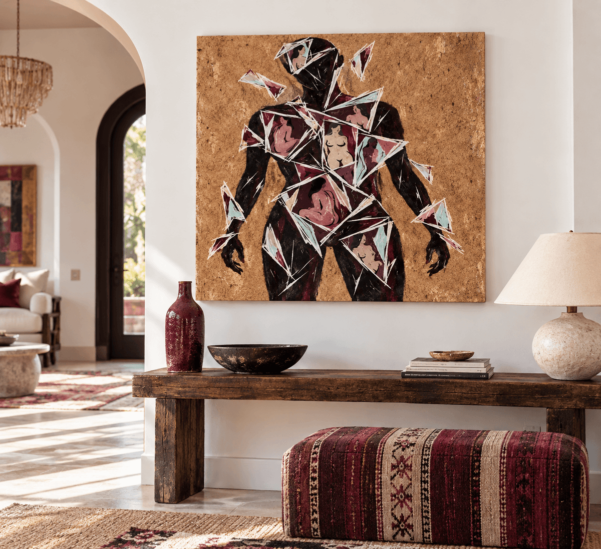 Abstract Human Silhouette Cubist Canvas Painting With Geometric Shards