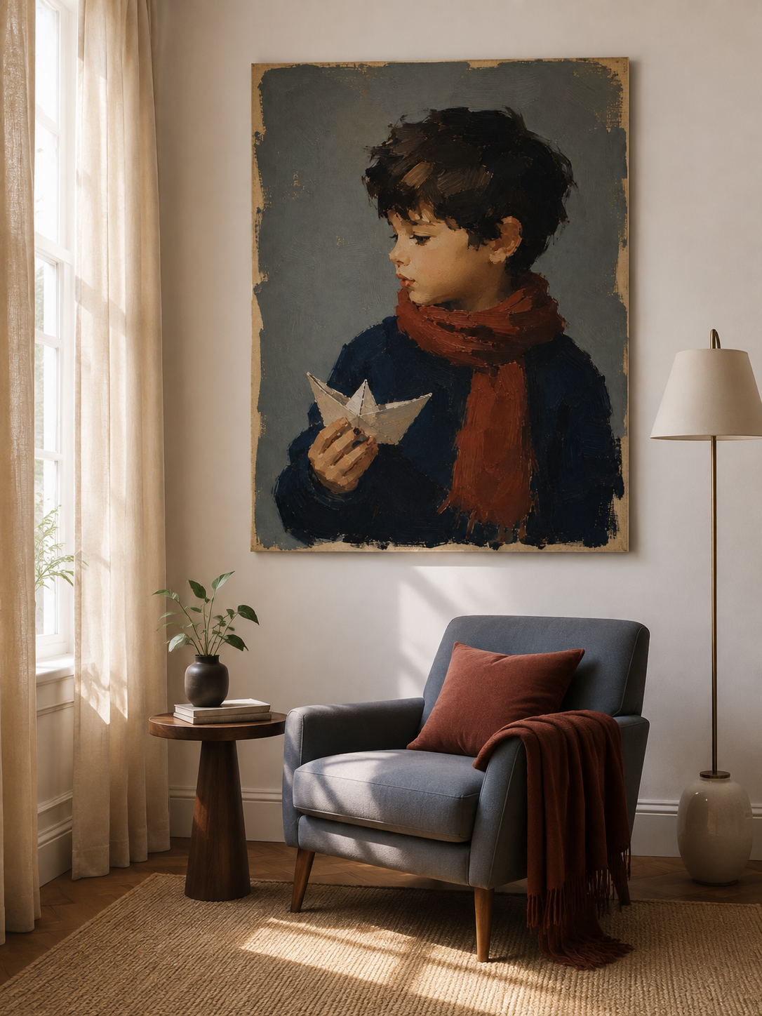 Vintage Kids Room Wall Art Boy Portrait With Red Scarf Original