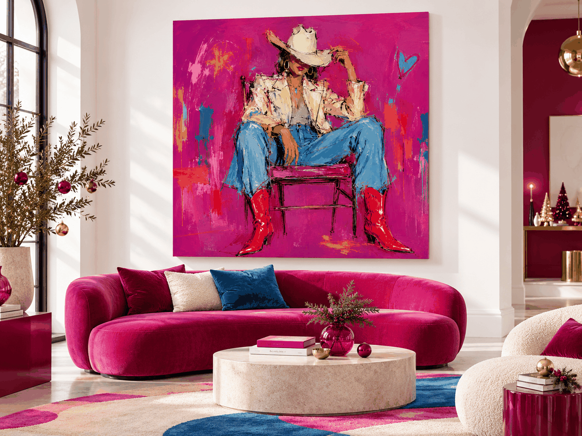 Vintage Pop Art Canvas Painting With Bright Magenta And Blue