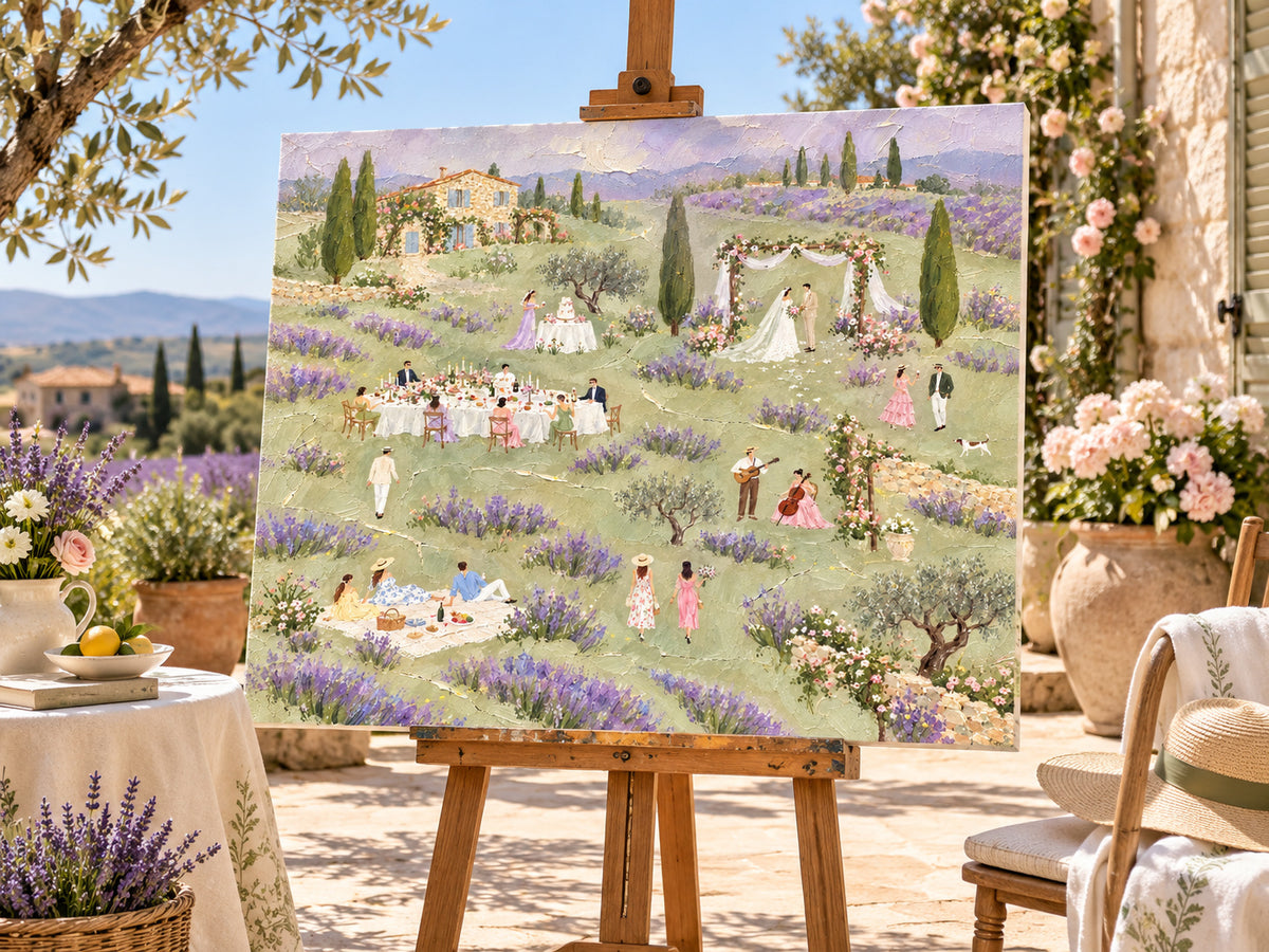 Lavender Field Wedding Hand-Painted Canvas Art With Vintage Charm