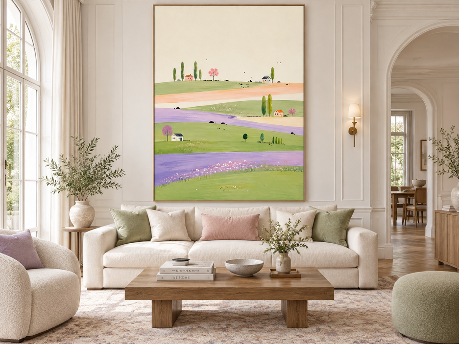Whimsical Lavender Field Landscape Hand-Painted Canvas Art With Green Hills