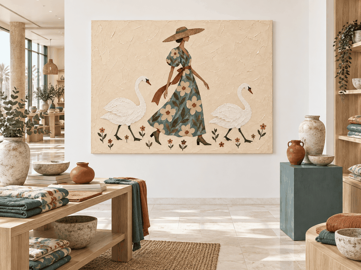 Lady With Swans Hand-Painted Canvas Art In Sage Green And Beige
