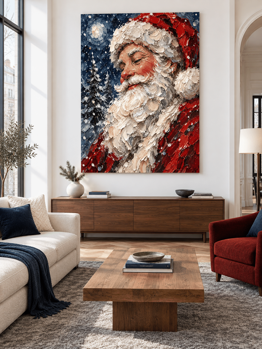 Modern Impressionist Holiday Painting With Serene Santa And Moonlit Sky Design