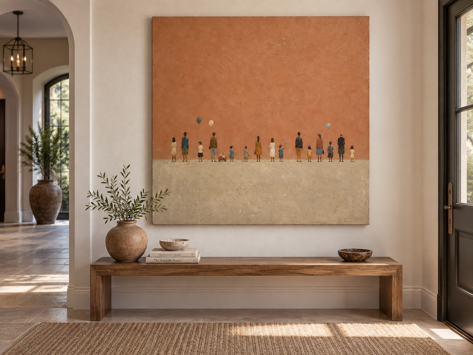 Hand-Painted Minimalist People Art On Textured Brown Canvas