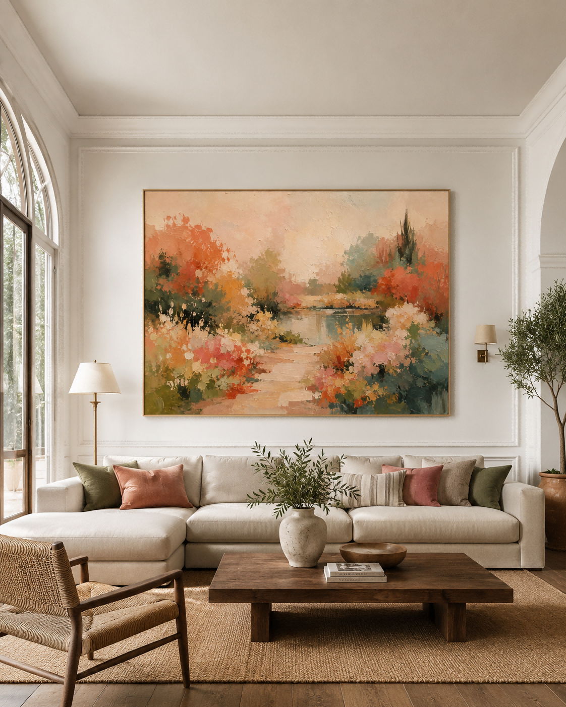 Autumn Garden Path Hand-Painted Canvas Art With Warm Orange Tones