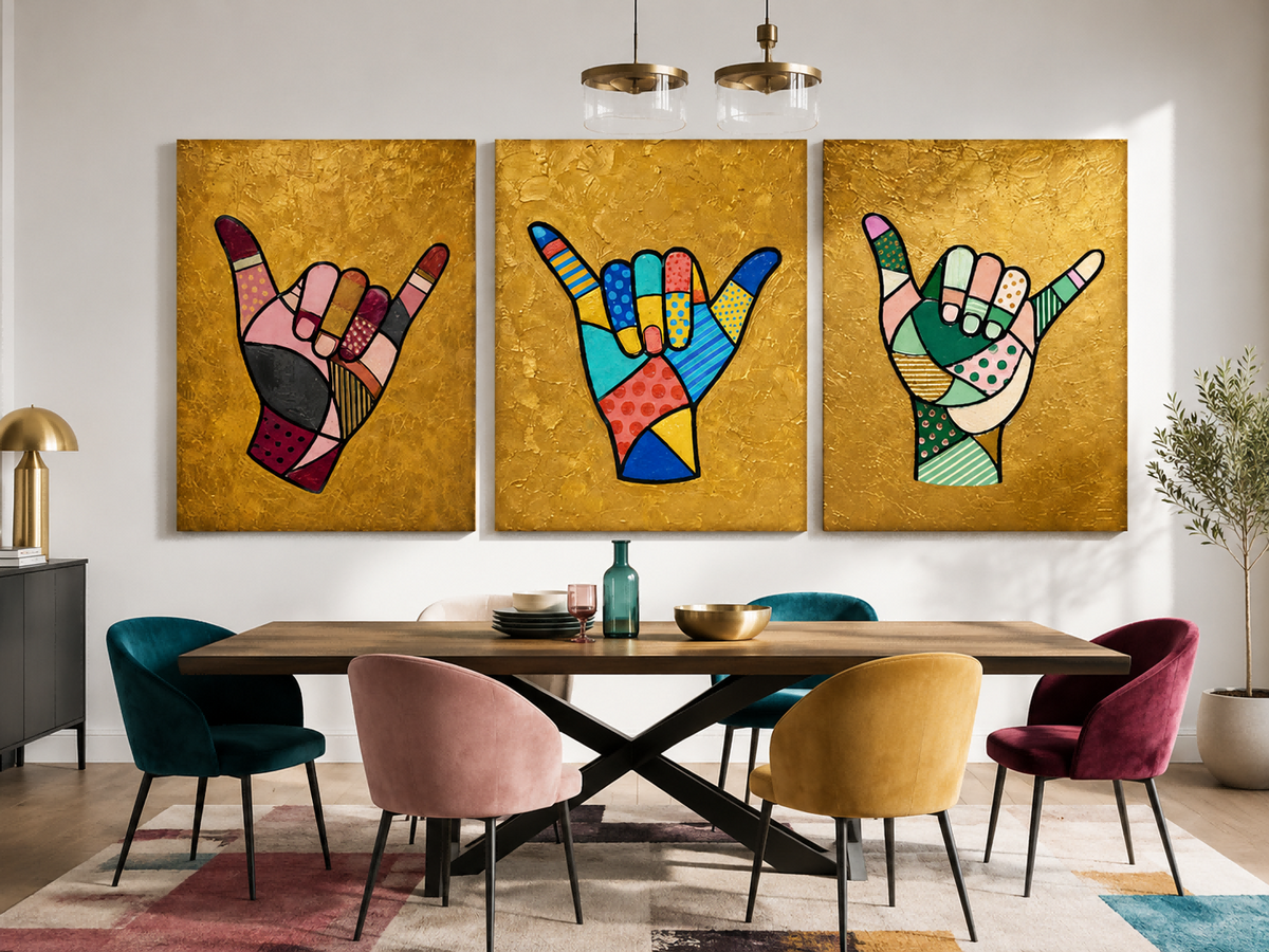 Modern Pop Art Triptych With Geometric Patterns And Textured Gold Finish