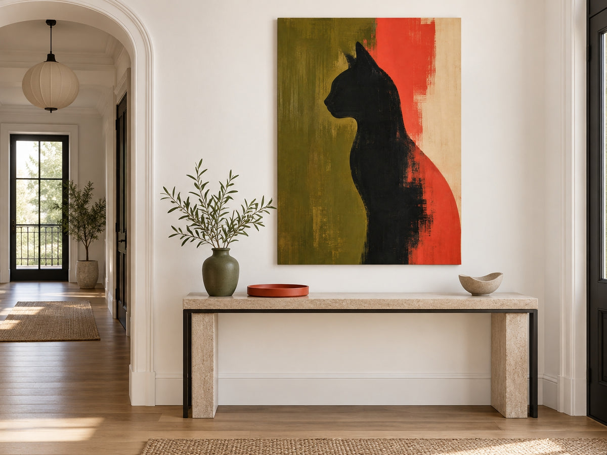 Abstract Geometric Cat Painting Modern Textured Canvas Art In Warm Colors