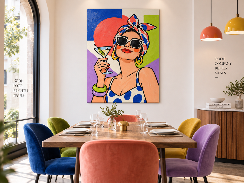 Pop Art Woman With Martini Glass Hand-Painted Canvas Wall Art