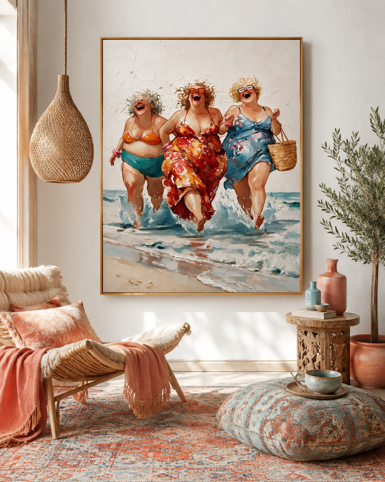 Vibrant Beach Friends Painting With Expressive Brushwork For Living Room Decor