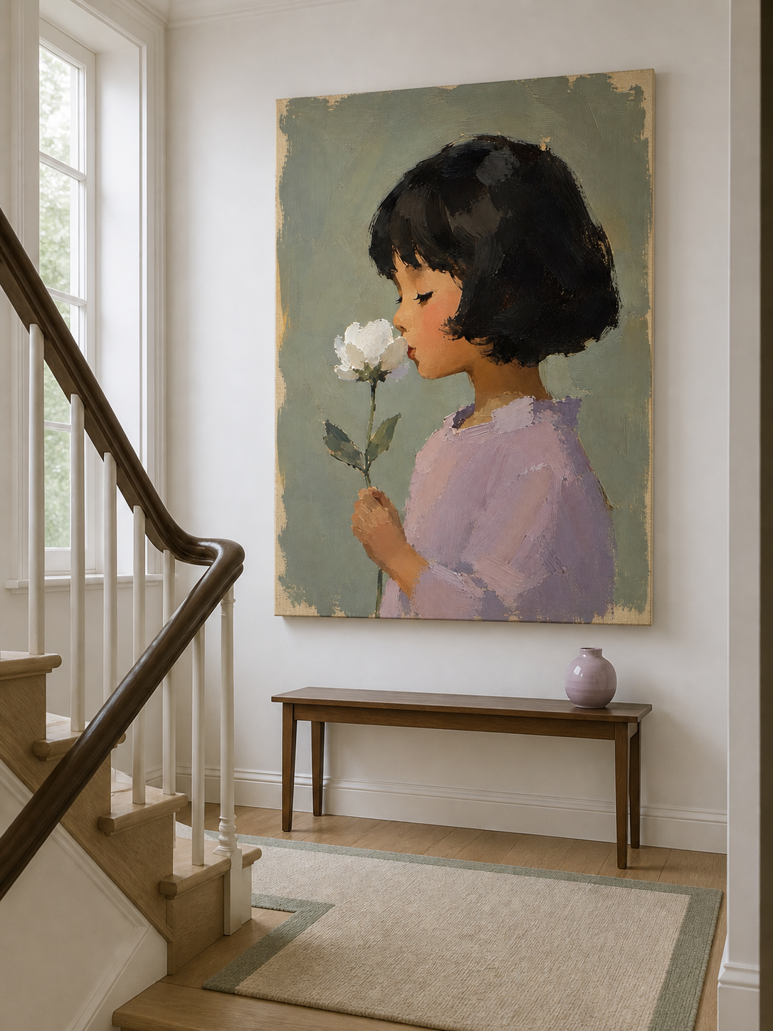 Modern Impasto Style Art Of Girl With Flower In Sage Green Tones